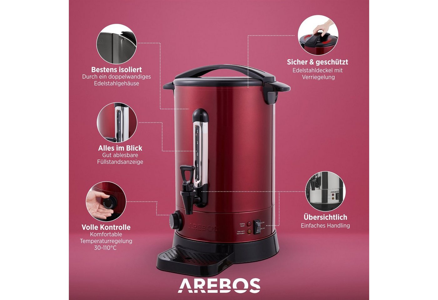Arebos Glühweinkocher 950 W Heißgetränkespender 8,8 L Mit Auffangschale, Auslasshahn, Thermostat Und Überhitzungsschutz Temperatureinstellung Von 30-110°c Rot