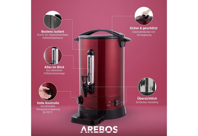 Arebos Glühweinkocher 950 W Heißgetränkespender 8,8 L Mit Auffangschale, Auslasshahn, Thermostat Und Überhitzungsschutz Temperatureinstellung Von 30-110°c Rot