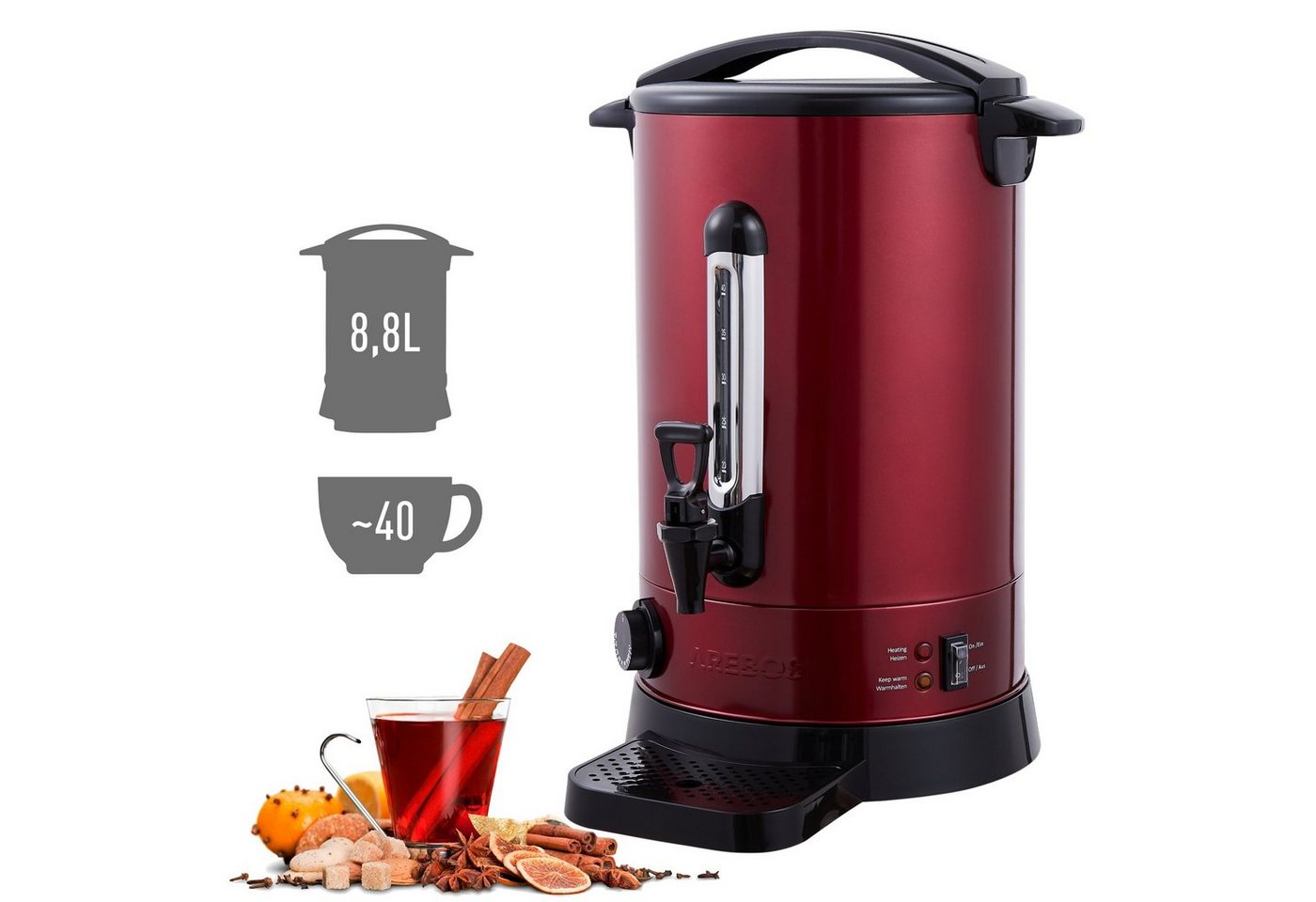 Arebos Glühweinkocher 950 W Heißgetränkespender 8,8 L Mit Auffangschale, Auslasshahn, Thermostat Und Überhitzungsschutz Temperatureinstellung Von 30-110°c Rot Bild 5