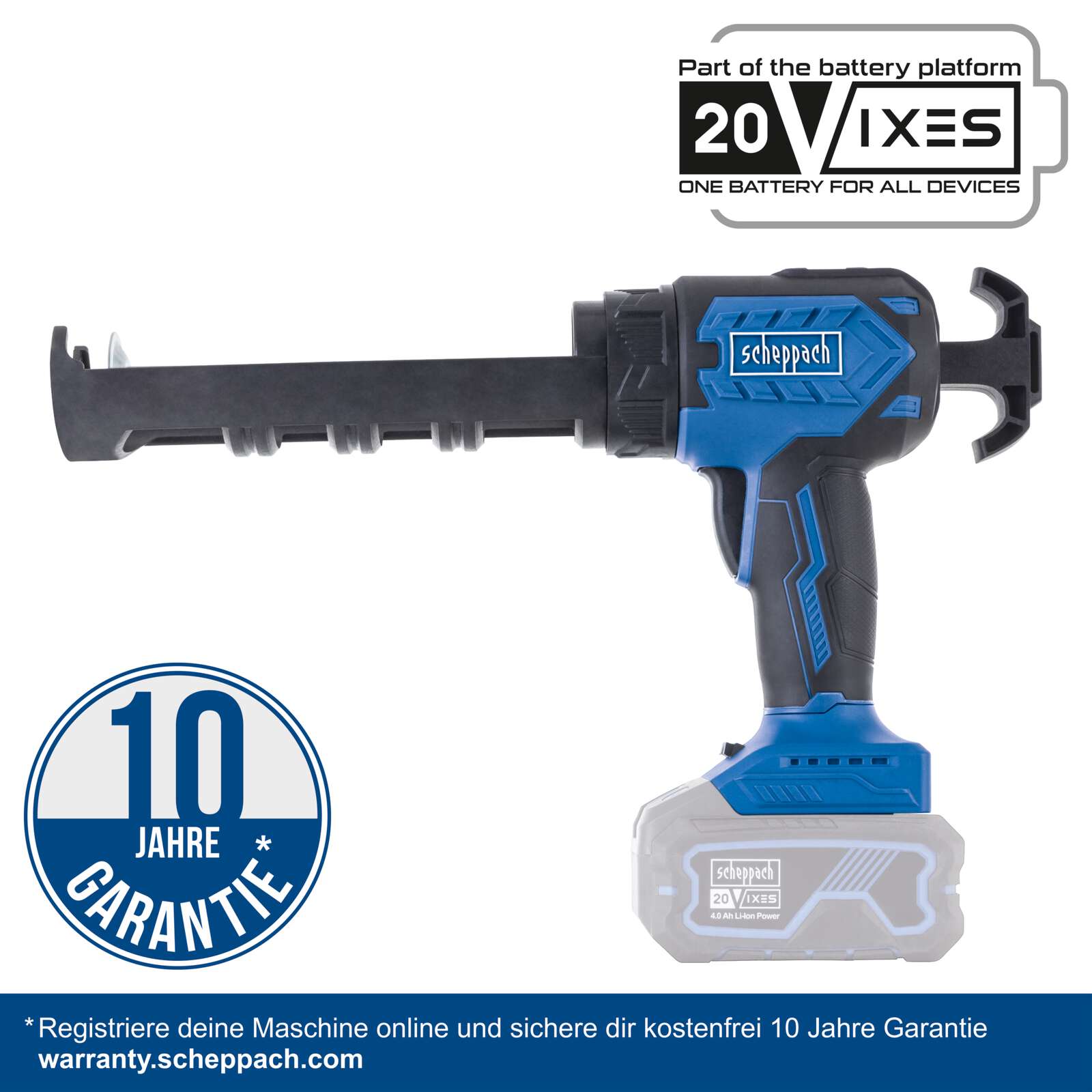 Akku-Kartuschenpistole C-SEG310-X Scheppach - 20V | 0,75-3,58mm/s Vorschubgeschwindigkeit | LED