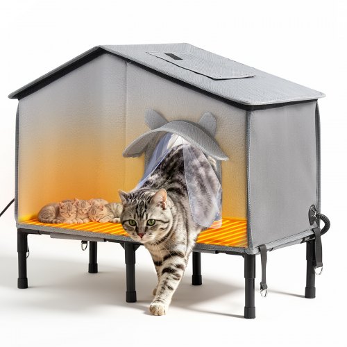 VEVOR Katzenhaus 34 W Katzenhöhle mit Heizmatte 600x310x580 mm Isoliert, Katzenmöbel für Outdoor Winterfest, Platz für 2-3 Katzen, mit Erhöhtem Ständer, Doppeltür & Sichtschutzvorhang, 35–45 °C