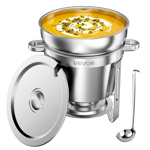 VEVOR Chafing Dish 10,4 L Warmhaltebehälter für Suppen Edelstahl 1er-Pack für Hochzeiten, Partys & Buffets, zum Warmhalten oder Kühlen von Speisen, Speisebehälter mit Schöpfkelle & Brennstoffbehälter