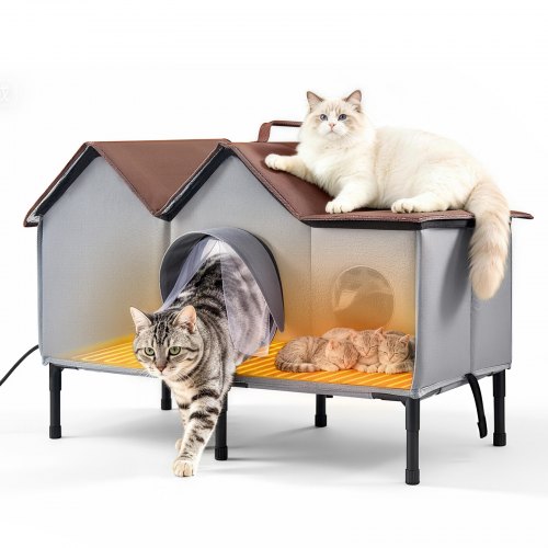 VEVOR Katzenhaus 35 W Katzenhöhle mit Heizmatte 835x440x540 mm Isoliert, Katzenmöbel für Outdoor Winterfest, Platz für 2-3 Katzen, mit Erhöhtem Ständer, Doppeltür & Sichtschutzvorhang, 35–45 °C