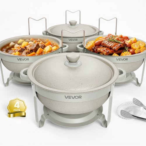 VEVOR Chafing Dish Rund 4er-Set je 5,68 L aus Edelstahl Warmhaltebehälter für Hochzeiten & Partys, Maifanit-Beschichtung, zum Warmhalten oder Kühlen von Speisen, 2 Speisebehälter, Zange & Glasschale