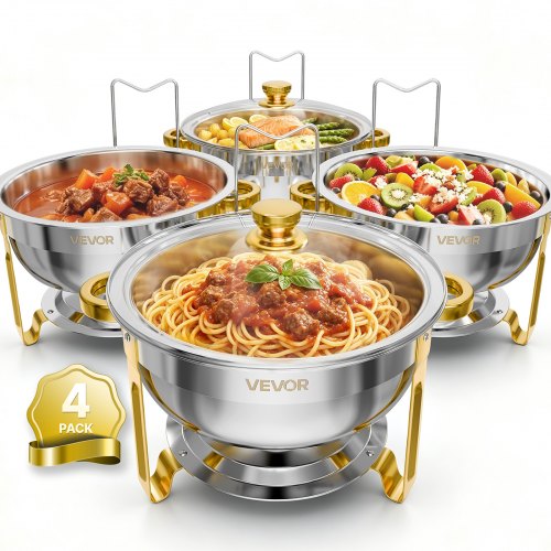VEVOR Chafing Dish Set 4-tlg. 5,68 L Warmhaltebehälter Edelstahl für Buffets, Hochzeiten, Partys & Familienfeiern, Sichtdeckel, Wasserbehälter, Brennstoffbehälter, Stapelbar für Warme & Kalte Speisen