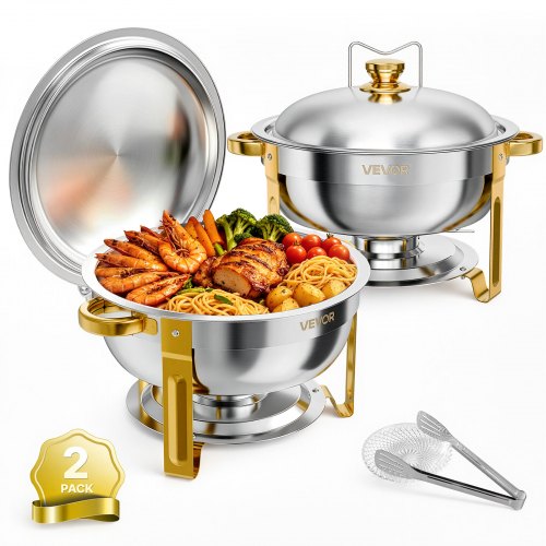 VEVOR Chafing Dish Rund 2er-Set je 5,68 L aus Edelstahl Warmhaltebehälter Ideal für Hochzeiten, Partys & Familienfeiern, zum Warmhalten oder Kühlen von Speisen, 2 Speisebehälter, Zange & Glasschale