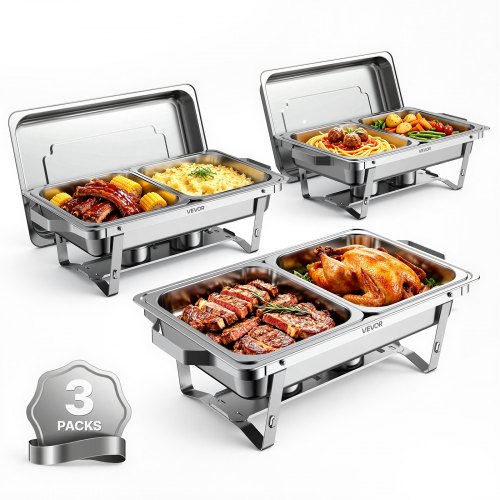 VEVOR Chafing Dish 3er-Set je 8,52 L Edelstahl Warmhaltebehälter für Buffets, Hochzeiten & Partys, Warme und Kalte Speisen Servieren, Brennstoffbehälter, 6 Behälter in Halber Größe, Faltbarer Ständer