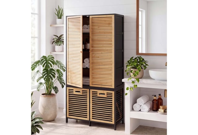 Bambus-Badezimmerschrank MCW-N83, Badregal Schrank, 2 Wäschekörbe Türen MVG 168x82x34cm ~ natur-schwarz, Korb anthrazit