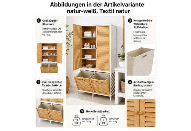 Bambus-Badezimmerschrank MCW-N83, Badregal Schrank, 2 Wäschekörbe Türen MVG 168x82x34cm ~ natur, Korb anthrazit