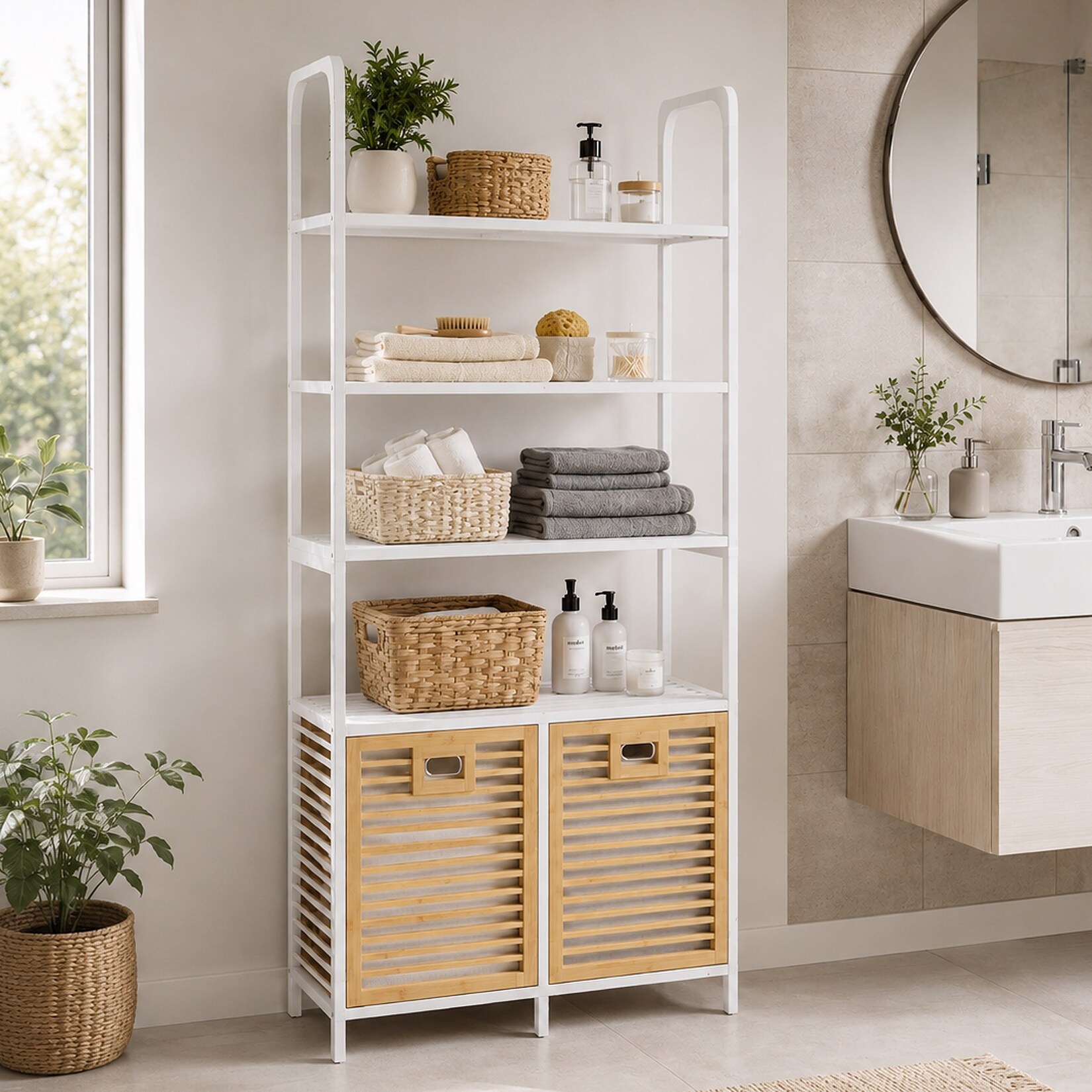Bambus-Badezimmerschrank MCW-N83, Regal Badschrank, 2 Wäschekörbe 4 Regalböden MVG 168x81x33cm ~ natur-weiß, Korb natur
