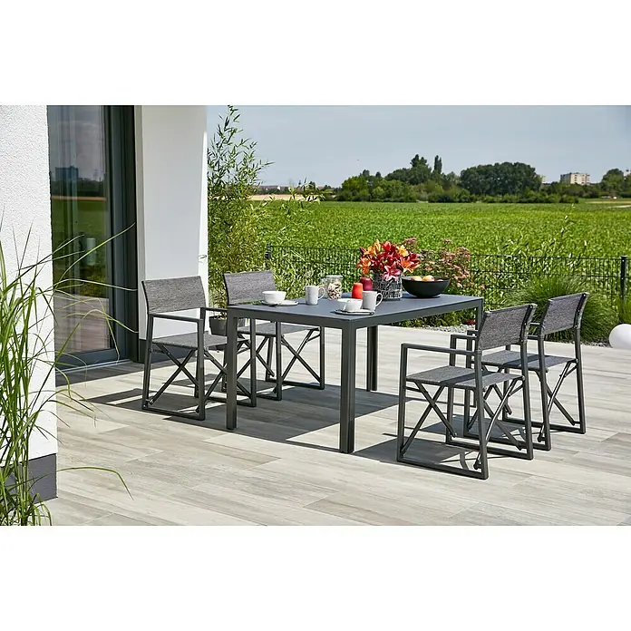Gartenmöbel-Set Maja (5 -tlg., Glas/Textilen/Aluminium, Klappbar, Anthrazit)