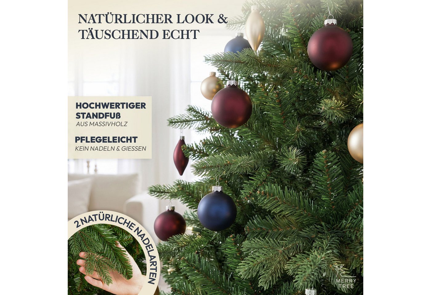 Merry Tree Premium Künstlicher Weihnachtsbaum 120cm Kleiner Tannenbaum aus Naturgetreuem PE + PVC Spritzguss und Edlem Holzfuß Bild 2