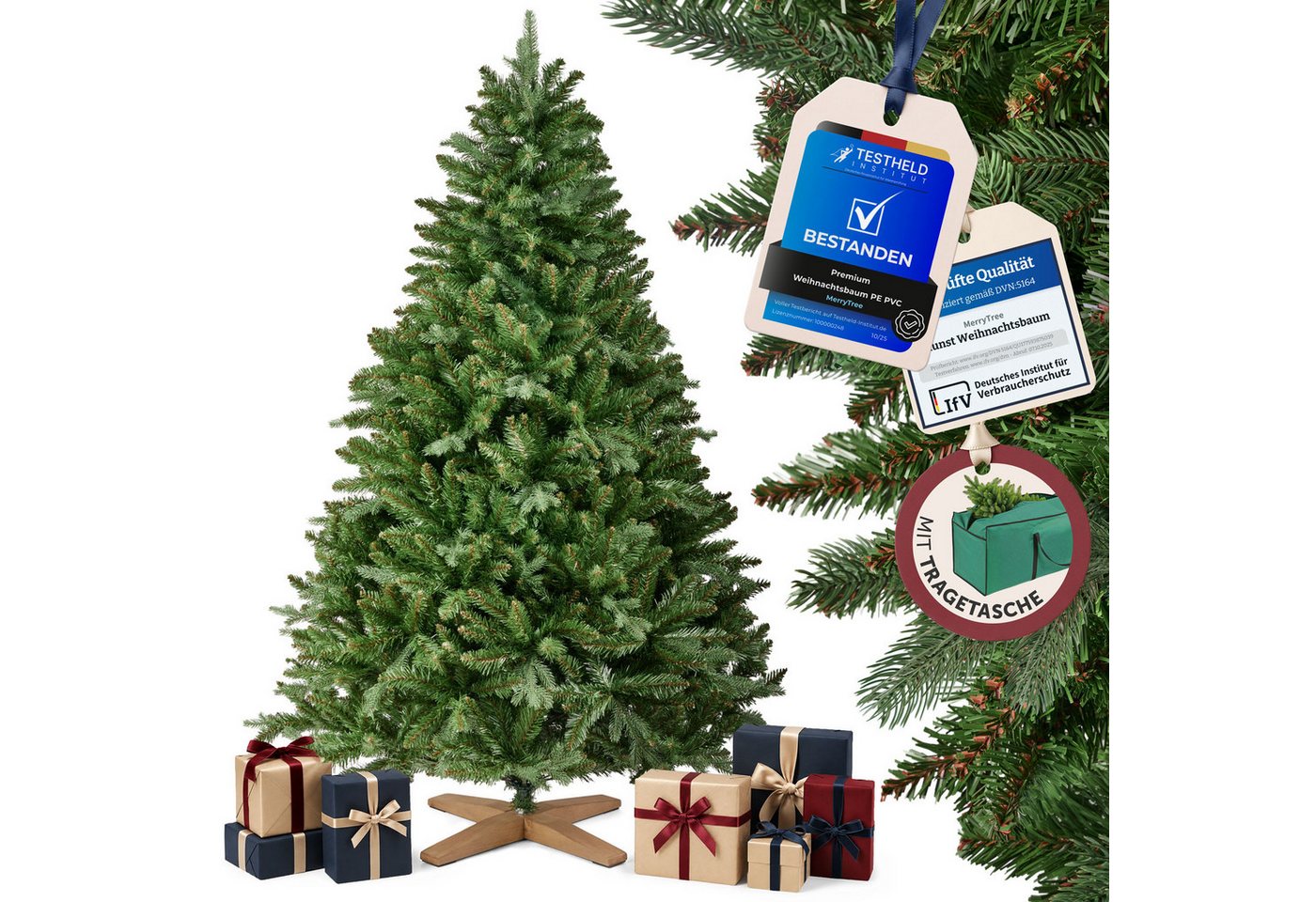 Merry Tree Premium Künstlicher Weihnachtsbaum 120cm Kleiner Tannenbaum aus Naturgetreuem PE + PVC Spritzguss und Edlem Holzfuß Bild 4