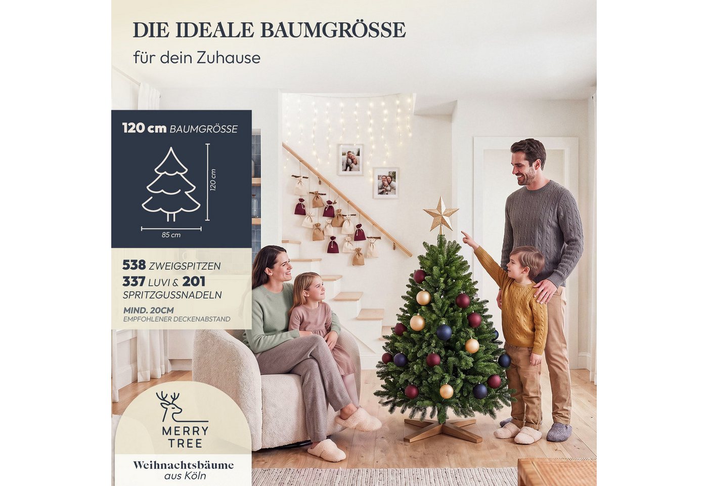 Merry Tree Premium Künstlicher Weihnachtsbaum 120cm Kleiner Tannenbaum aus Naturgetreuem PE + PVC Spritzguss und Edlem Holzfuß Bild 5