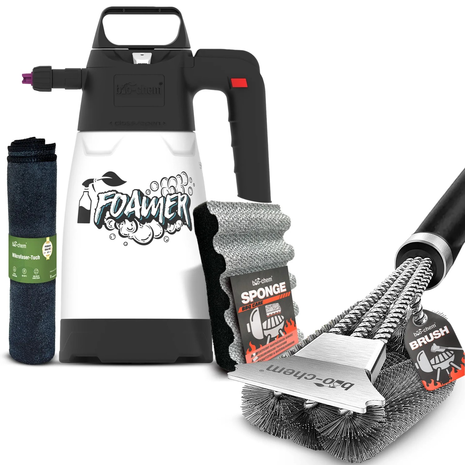 bio-chem Grillzubehör Set 4-teilig mit Schaumsprüher Bürste und Schwamm