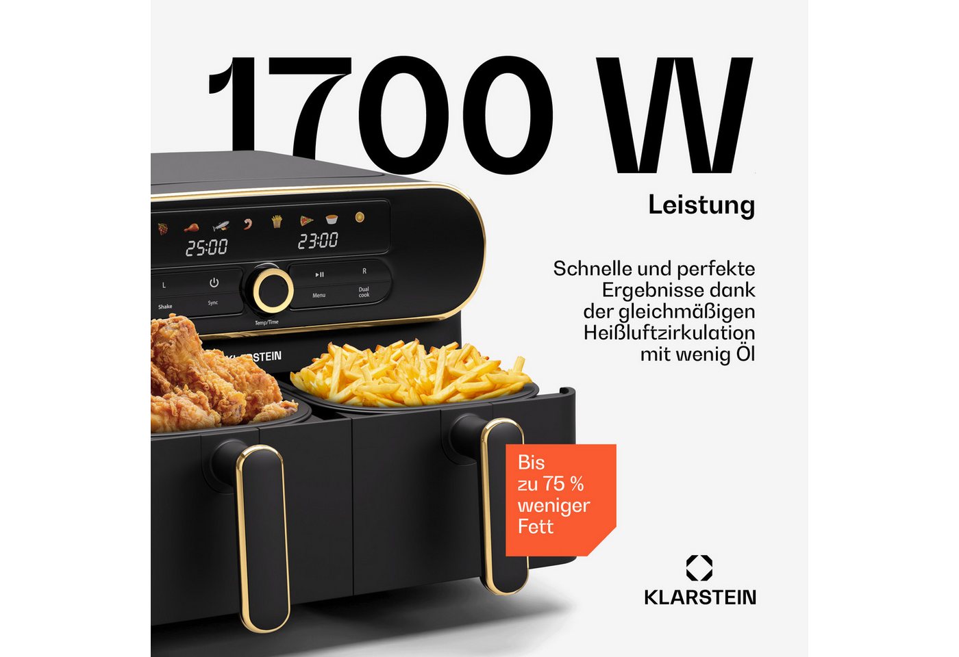 AuraAir Color Touch Heißluftfriteuse 2 Fächer 10 l 1700 W 80 - 200 °C 8 Programme Schwarz/Antik-Gold-Metallic Bild 2