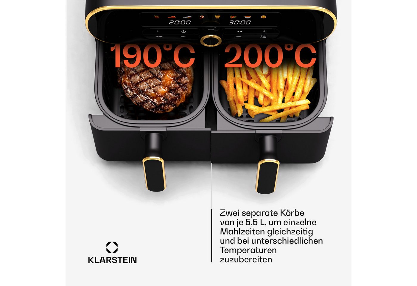 AuraAir Color Touch Heißluftfriteuse 2 Fächer 10 l 1700 W 80 - 200 °C 8 Programme Schwarz/Antik-Gold-Metallic Bild 3