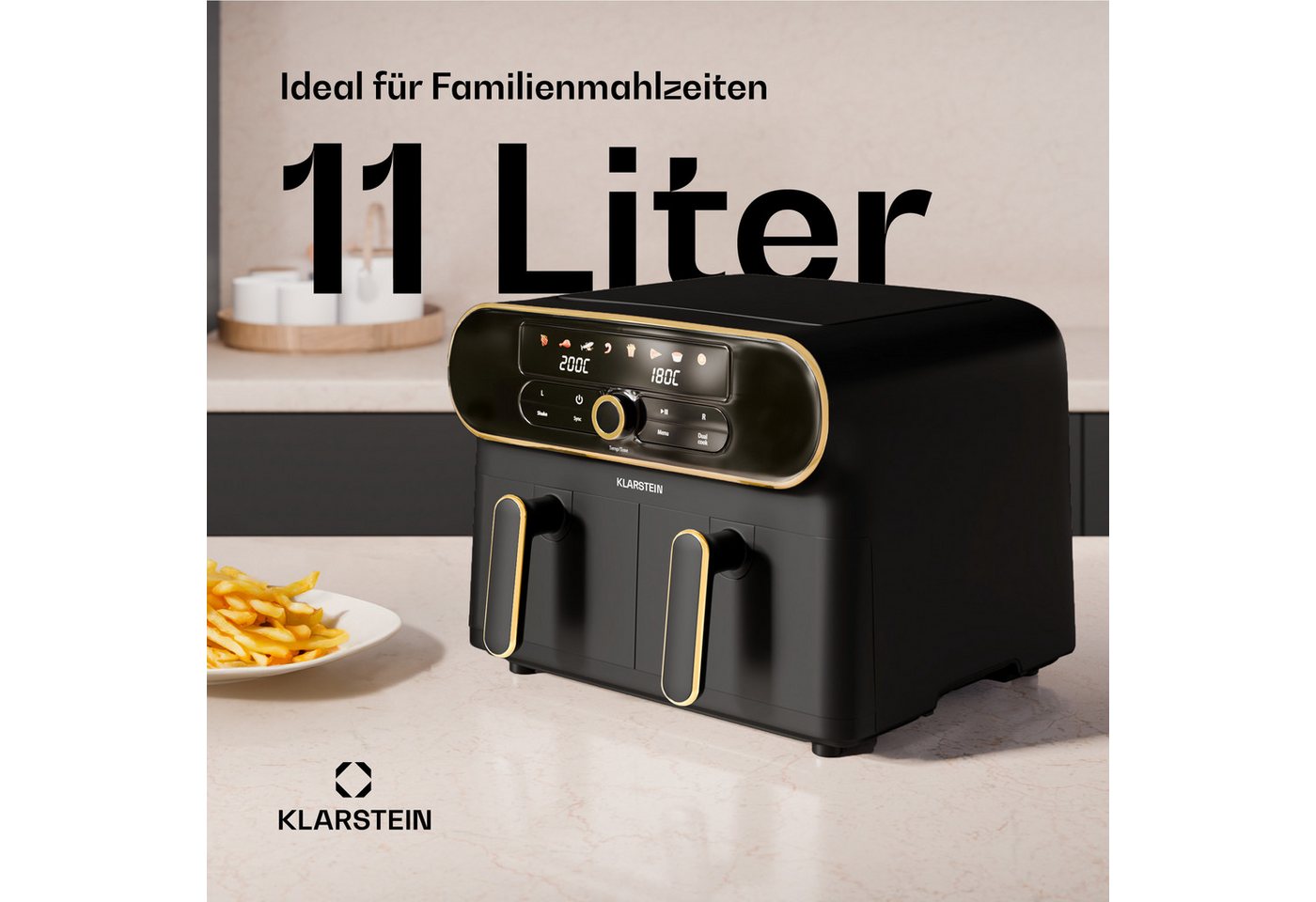 AuraAir Color Touch Heißluftfriteuse 2 Fächer 10 l 1700 W 80 - 200 °C 8 Programme Schwarz/Antik-Gold-Metallic Bild 5