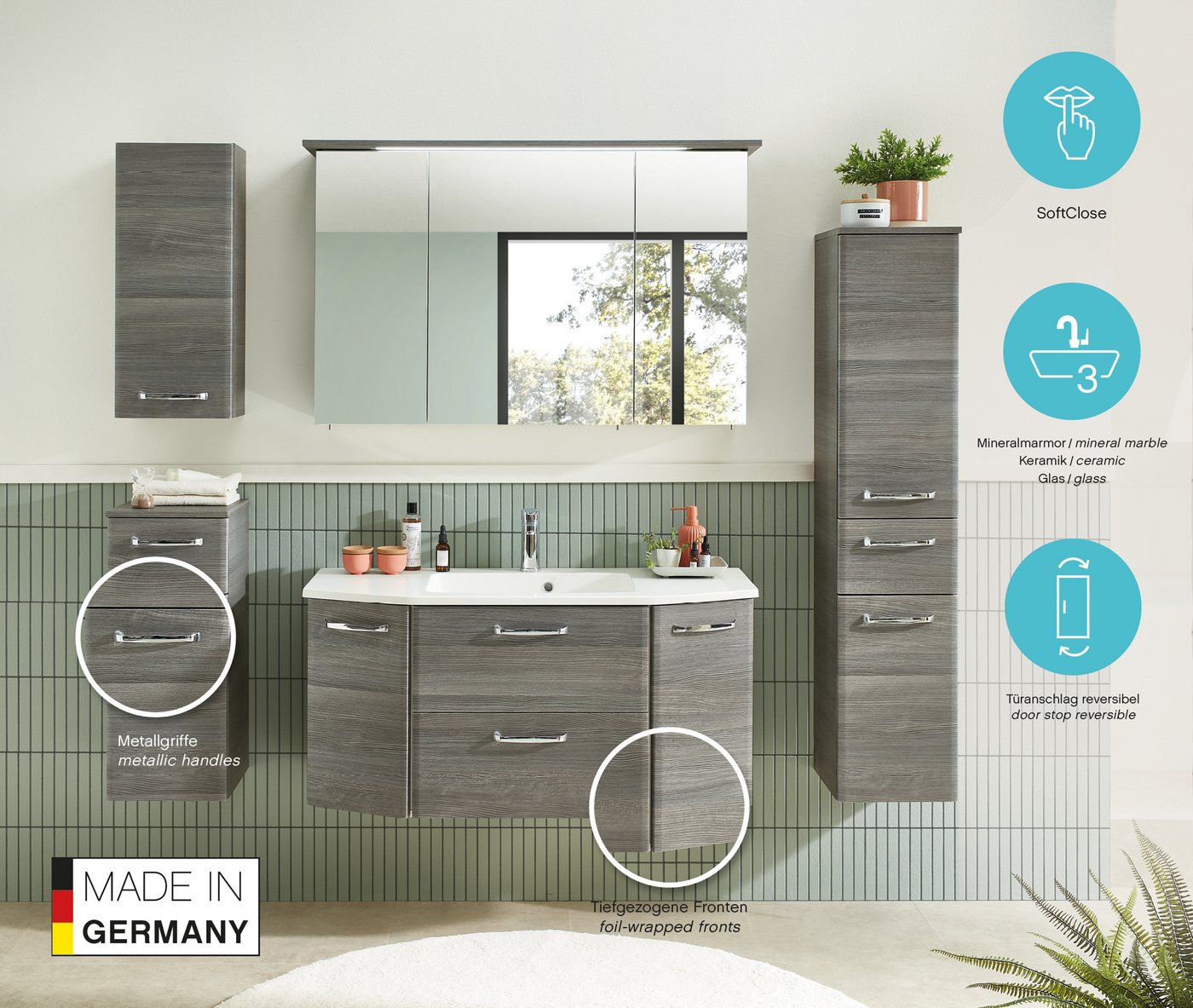 Saphir Badmöbel-Set Quickset 5-teilig, Mineralmarmor-Waschtisch und LED-Spiegelschrank, (6-St), Hochschrank, Unterschrank, Hängeschrank, inkl. Türdämpfer Bild 3