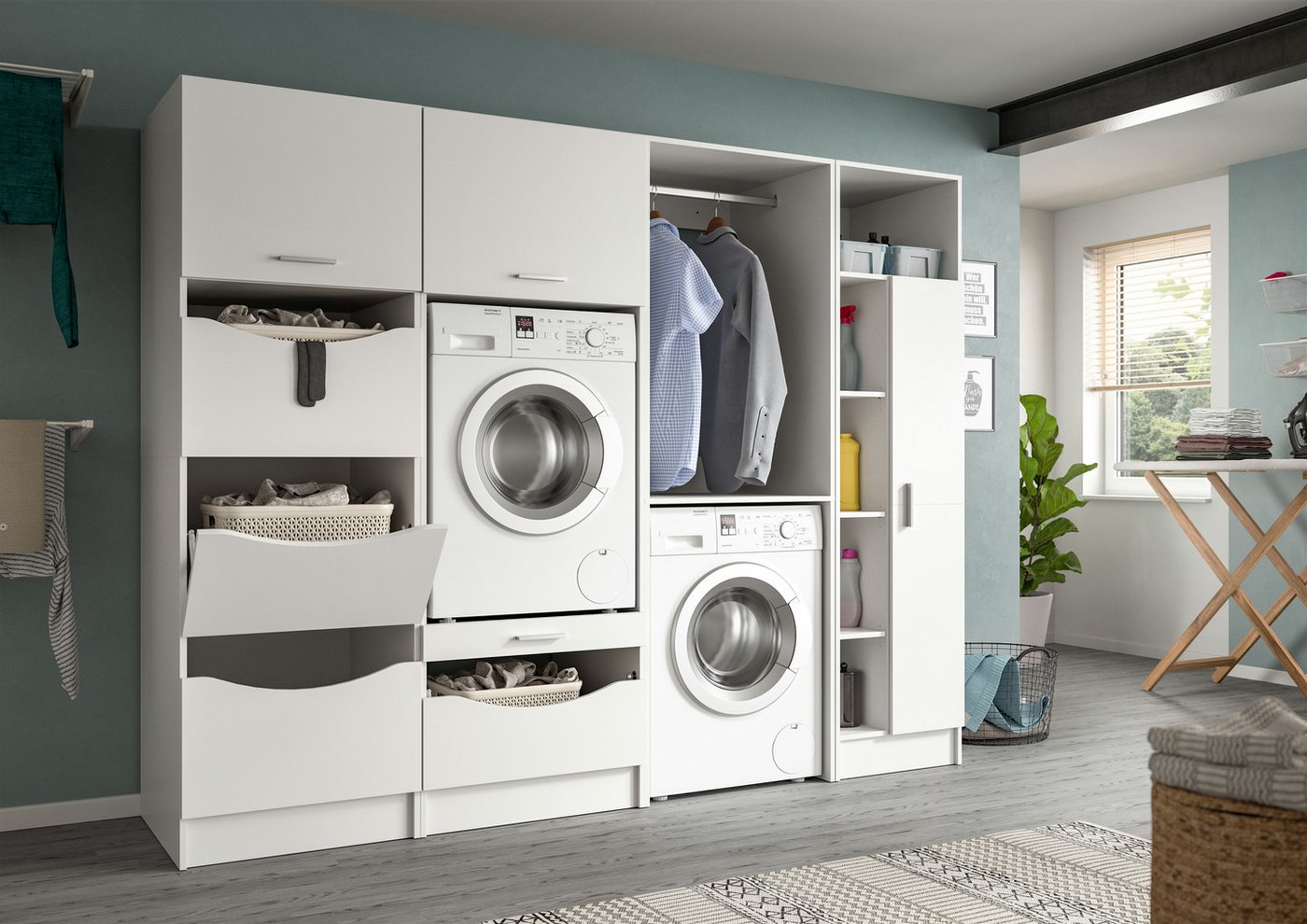 welltime Badmöbel-Set FALAS, 4-teilig, Hauswirtschaftsraum Set, Breite 248 cm, (Set, 4-St., 1x Wäscheschrank, 2x Waschmaschinenumbauschrank & 1xMehrzweckschrank), Kombination, Waschmaschinenumbau, Waschmaschinenschrank, Wäschekammer Bild 4