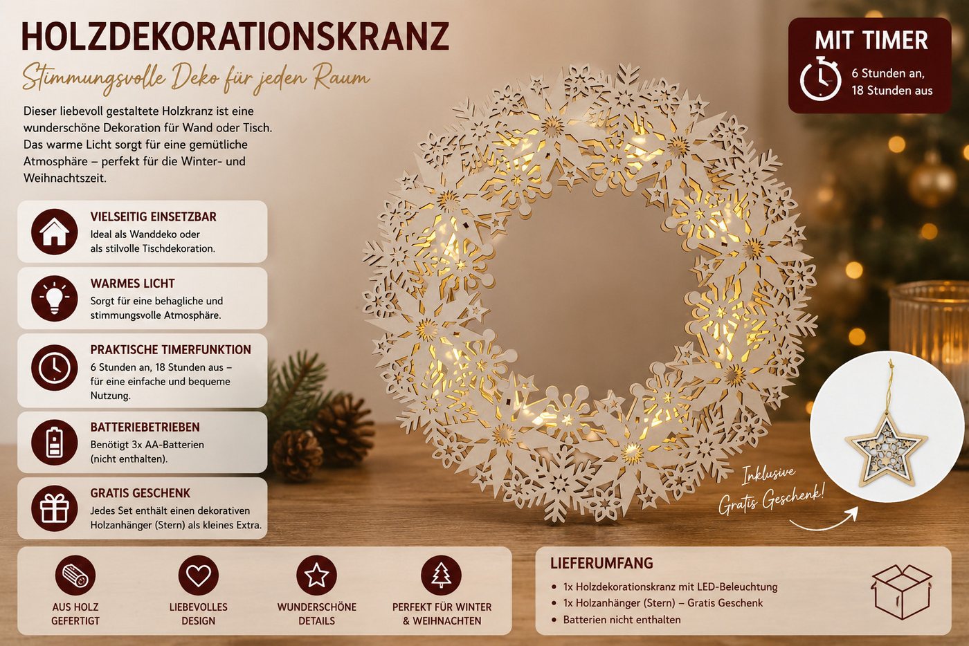 OTTO home LED Dekoobjekt Schneeflocken Holzdekoration, Timerfunktion, LED fest integriert, Warmweiß, Gratis-Hänger, 6h-Timer, zum Aufhängen oder hinstellen Bild 3