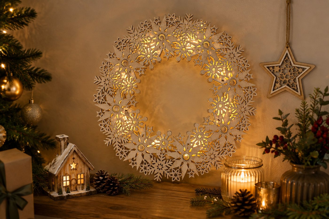 OTTO home LED Dekoobjekt Schneeflocken Holzdekoration, Timerfunktion, LED fest integriert, Warmweiß, Gratis-Hänger, 6h-Timer, zum Aufhängen oder hinstellen Bild 4