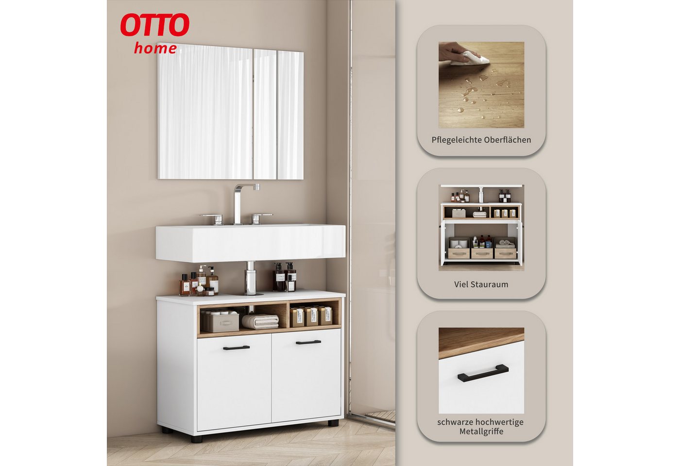 OTTO home Waschbeckenunterschrank Picante In 60 und 80cm erhältlich, 2 Türen und offene Ablage, zum Stellen Bild 3