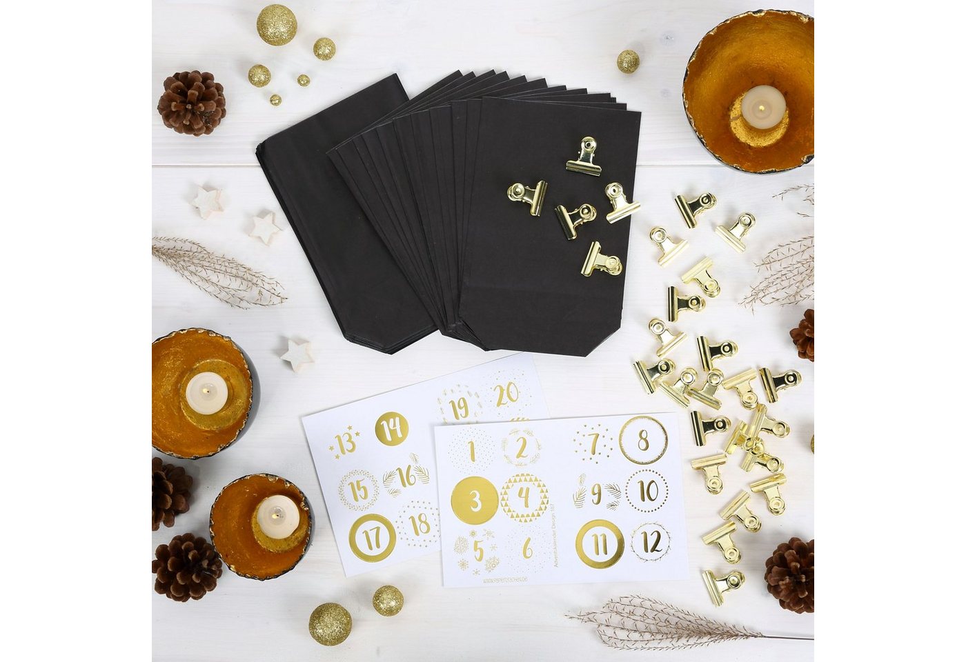 PAPIERDRACHEN befüllbarer Adventskalender Extravaganter Adventskalender zum Befüllen - Elegance, mit 24 goldenen Metallklammern und 24 Zahlenaufkleber