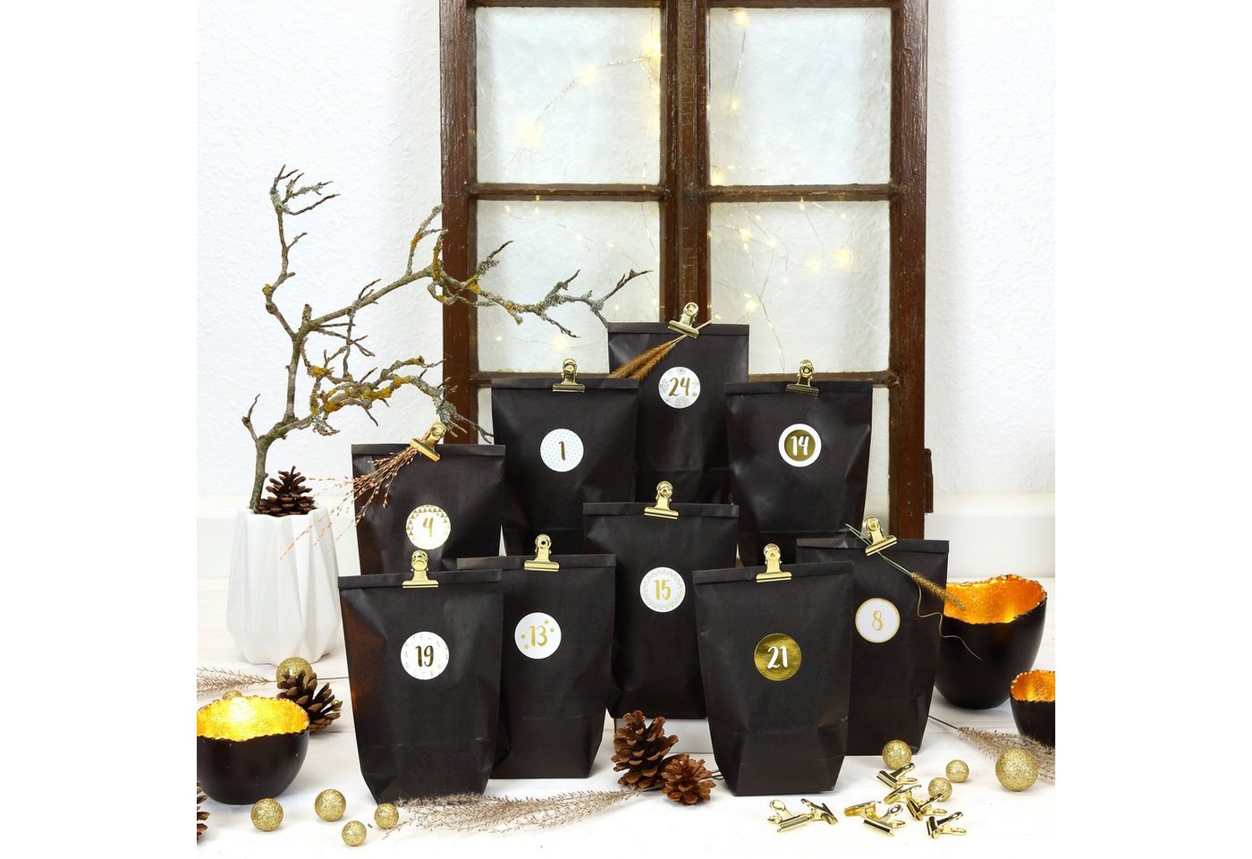 PAPIERDRACHEN befüllbarer Adventskalender Extravaganter Adventskalender zum Befüllen - Elegance, mit 24 goldenen Metallklammern und 24 Zahlenaufkleber Bild 4