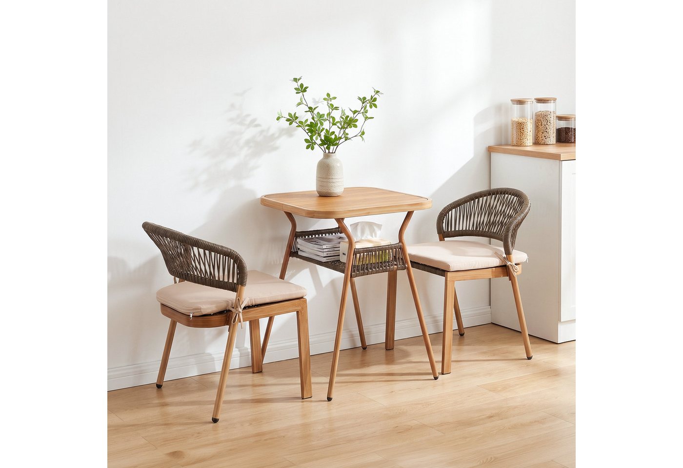 VINGLI Garten-Essgruppe 3 teilig, Stapelbare Rattanstühle mit Tisch, für Balkon,Wetterfest