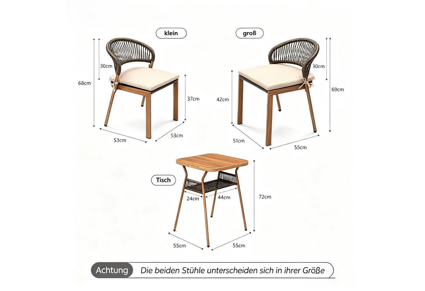 VINGLI Garten-Essgruppe 3 teilig, Stapelbare Rattanstühle mit Tisch, für Balkon,Wetterfest Bild 2