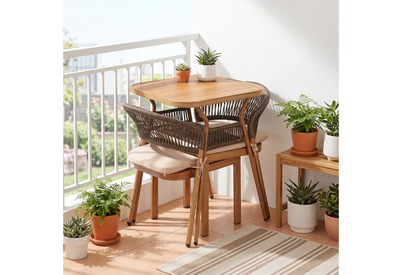 VINGLI Garten-Essgruppe 3 teilig, Stapelbare Rattanstühle mit Tisch, für Balkon,Wetterfest Bild 3