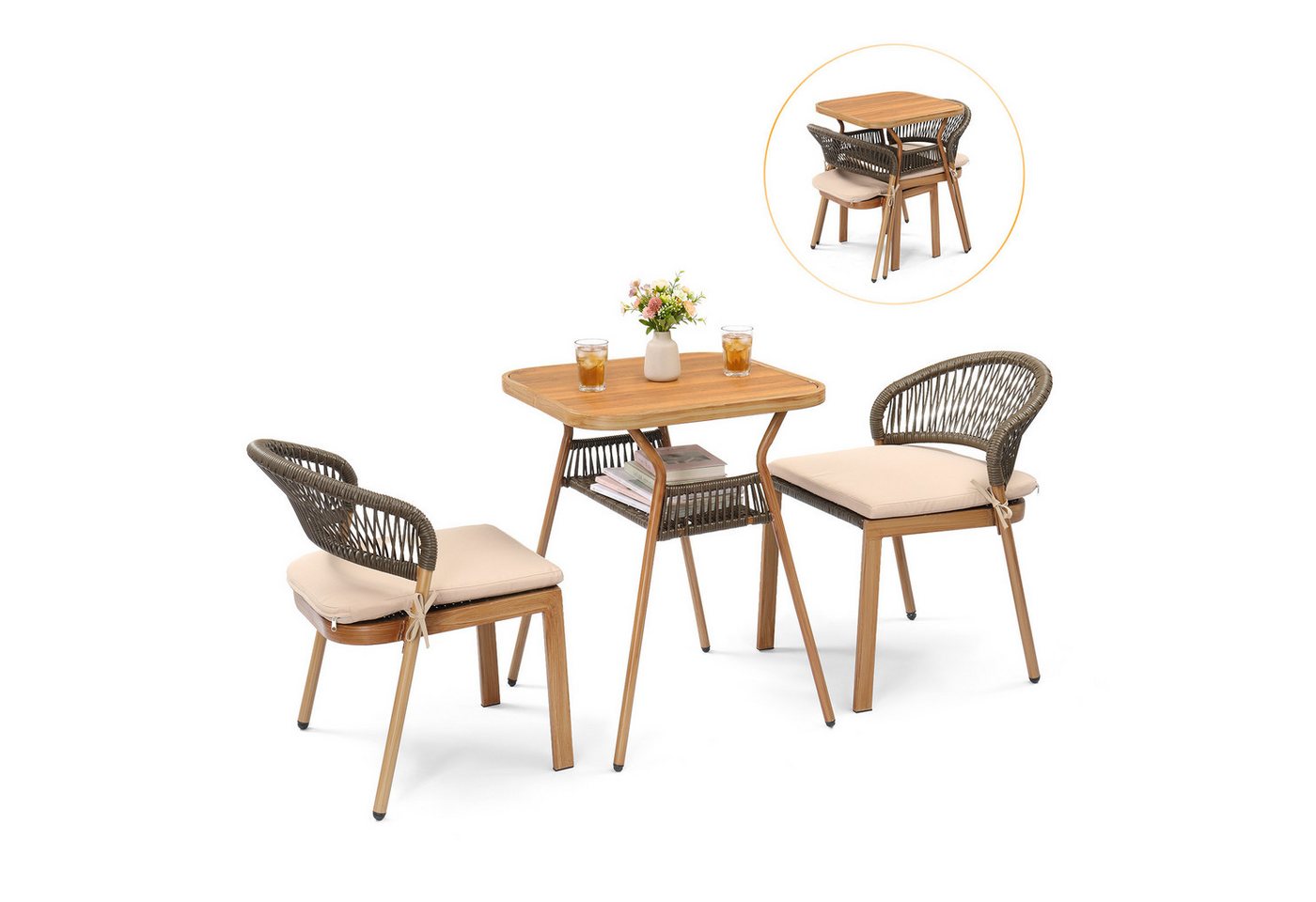 VINGLI Garten-Essgruppe 3 teilig, Stapelbare Rattanstühle mit Tisch, für Balkon,Wetterfest Bild 4