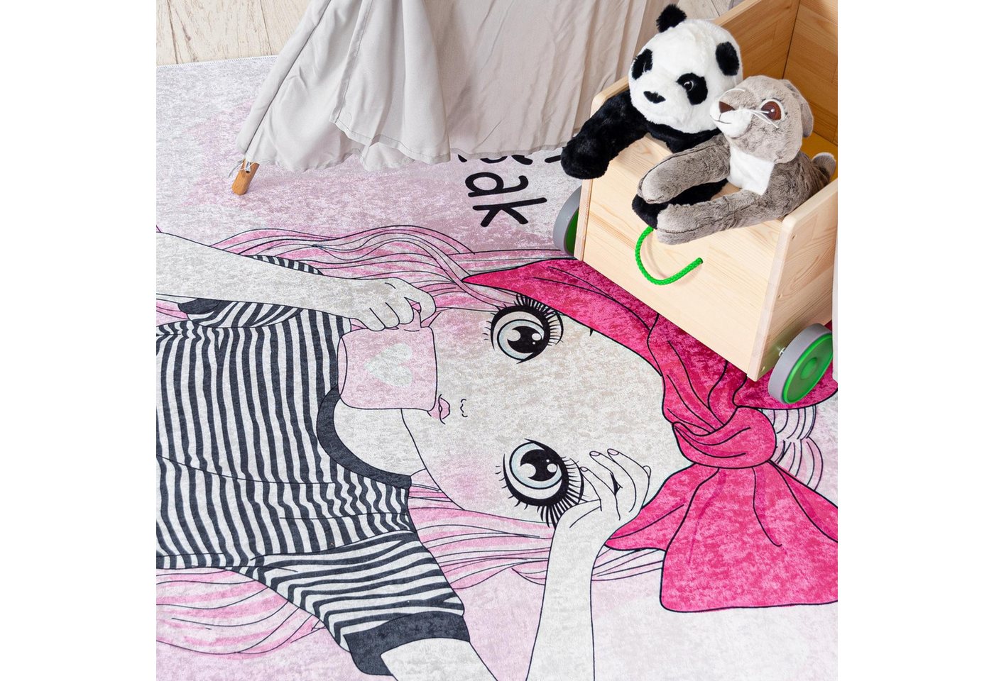 Mazovia Kinderteppich Katze Figuren Anthrazit Rosa Kinderzimmer, Fußbodenheizung