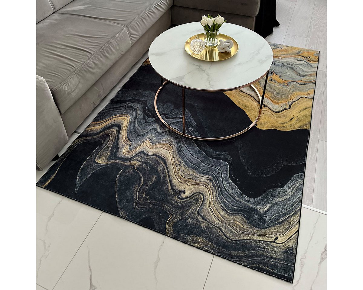Mazovia Designteppich Modern Glamour Schwarz Goldfarben Wohnzimmer, Schlafzimmer, Esszimmer, Fußbodenheizung Bild 4