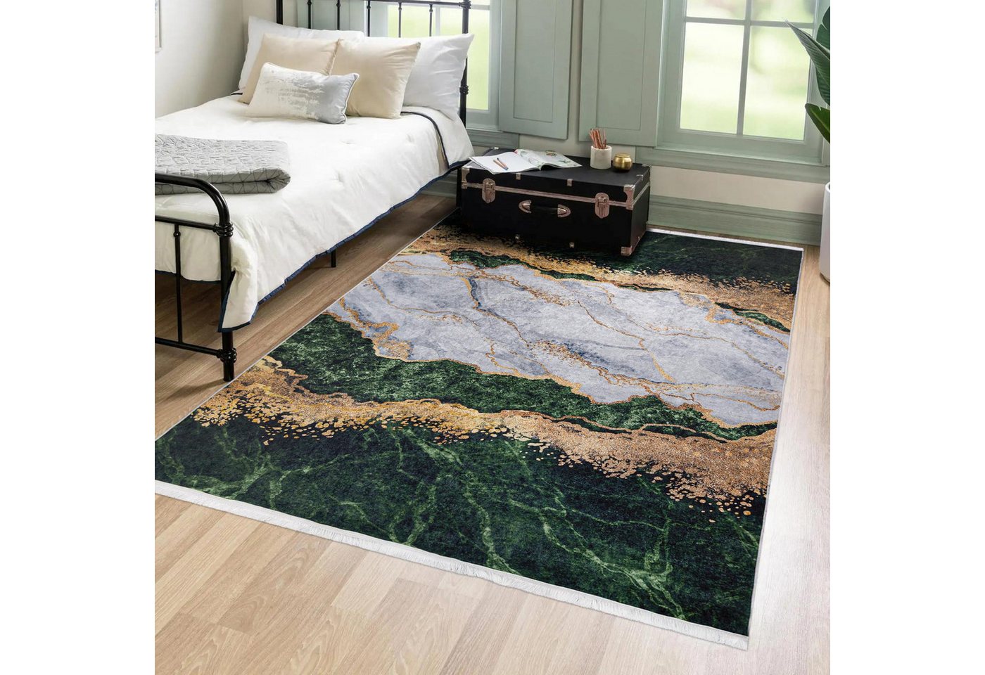Mazovia Designteppich Glamour Marmor Grün Goldfarben Wohnzimmer, Schlafzimmer, Esszimmer, Fußbodenheizung