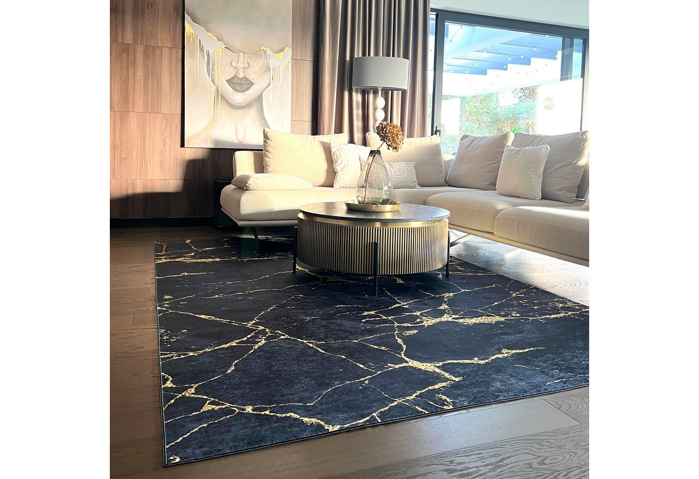 Mazovia Designteppich Glamour Marmor Schwarz Goldfarben Wohnzimmer, Schlafzimmer, Esszimmer, Fußbodenheizung