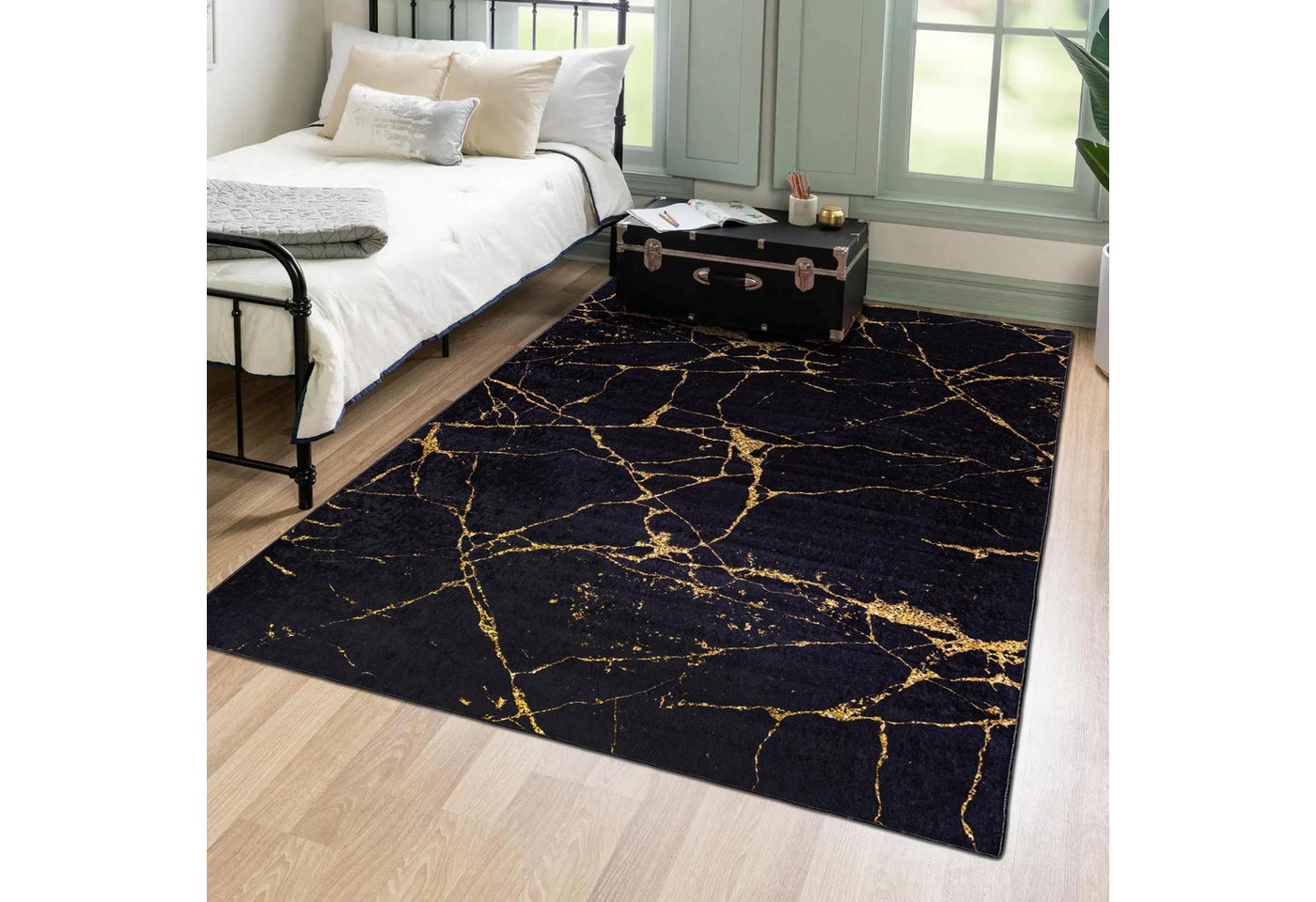 Mazovia Designteppich Glamour Marmor Schwarz Goldfarben Wohnzimmer, Schlafzimmer, Esszimmer, Fußbodenheizung Bild 2