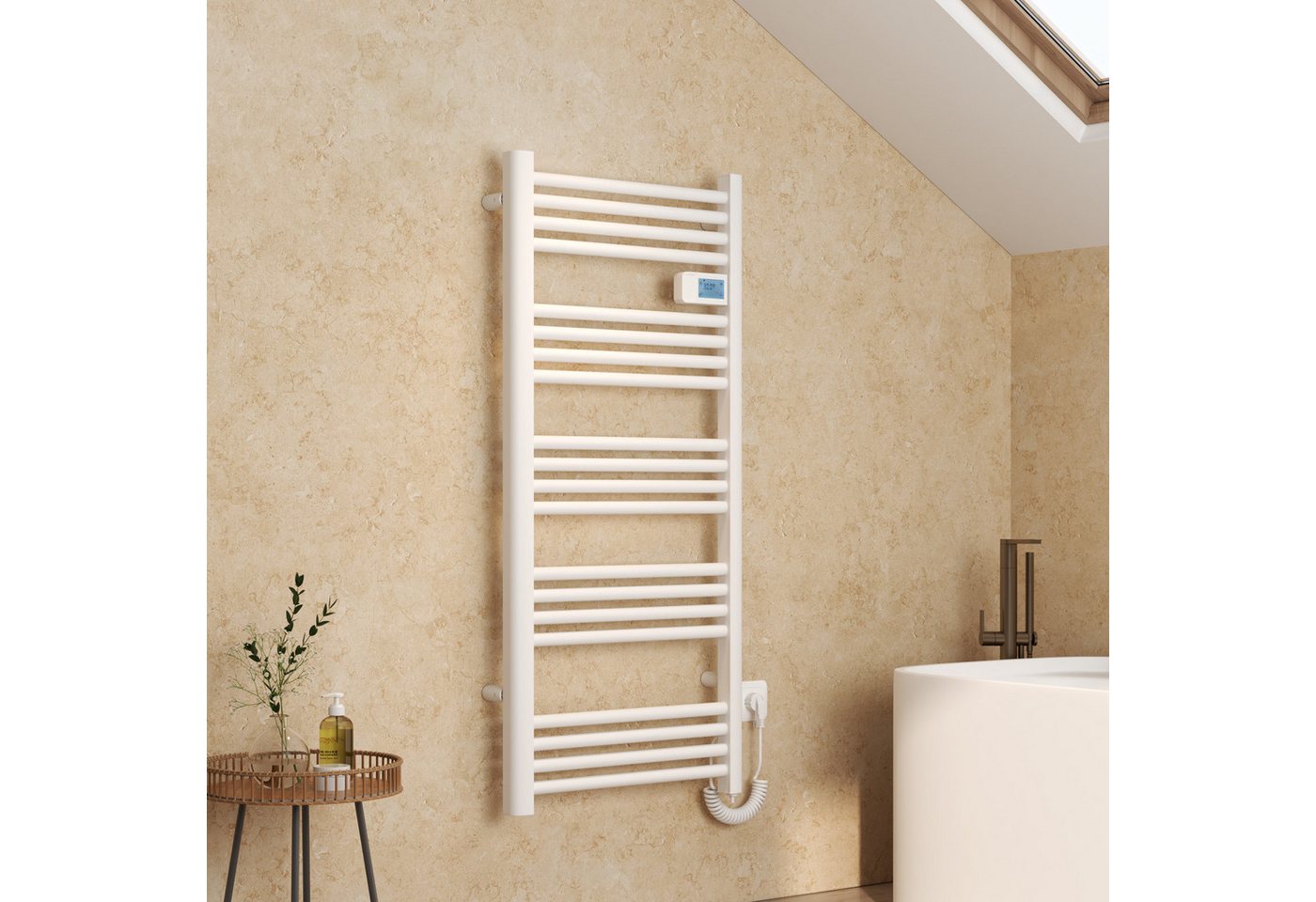 EMKE Elektrischer Badheizkörper 120x54 cm, Handtuchwärmer mit smart Thermostat Weiß Schwarz 600 Watt, LED Display Temperatur-und Zeitanzeige Handtuchtrockner Bild 5