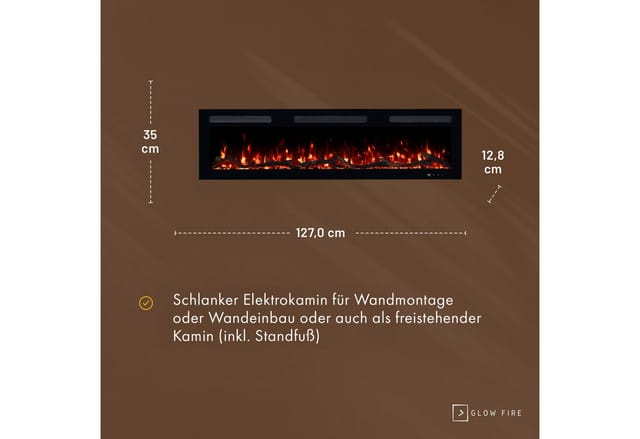 GF Core Elektrokamin Inside Wandkamin mit 3D Feuer und Heizung (Thermostat, 900- 1800 W), Elektrischer Stand-, Wand- oder Einbaukamin mit APP Steuerung, LED