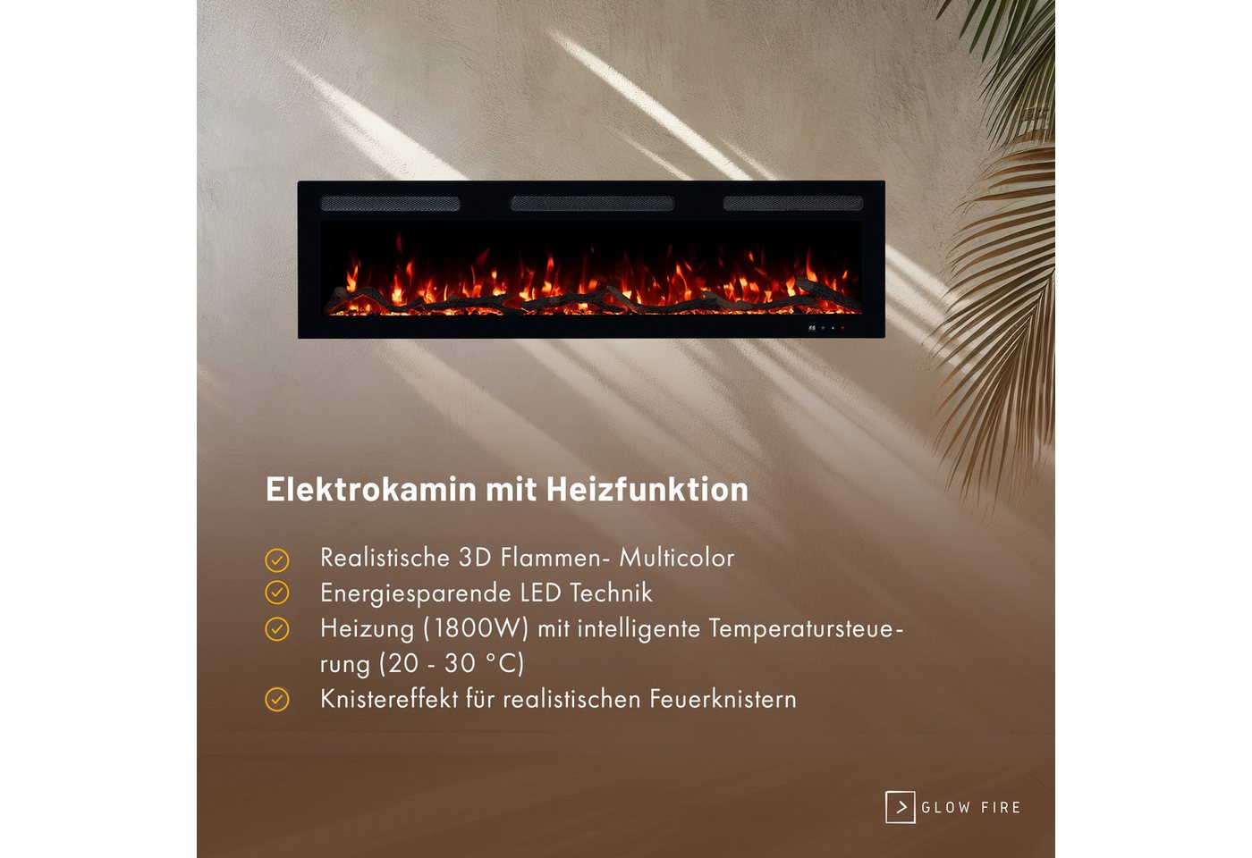 GF Core Elektrokamin Inside Wandkamin mit 3D Feuer und Heizung (Thermostat, 900- 1800 W), Elektrischer Stand-, Wand- oder Einbaukamin mit APP Steuerung, LED Bild 2