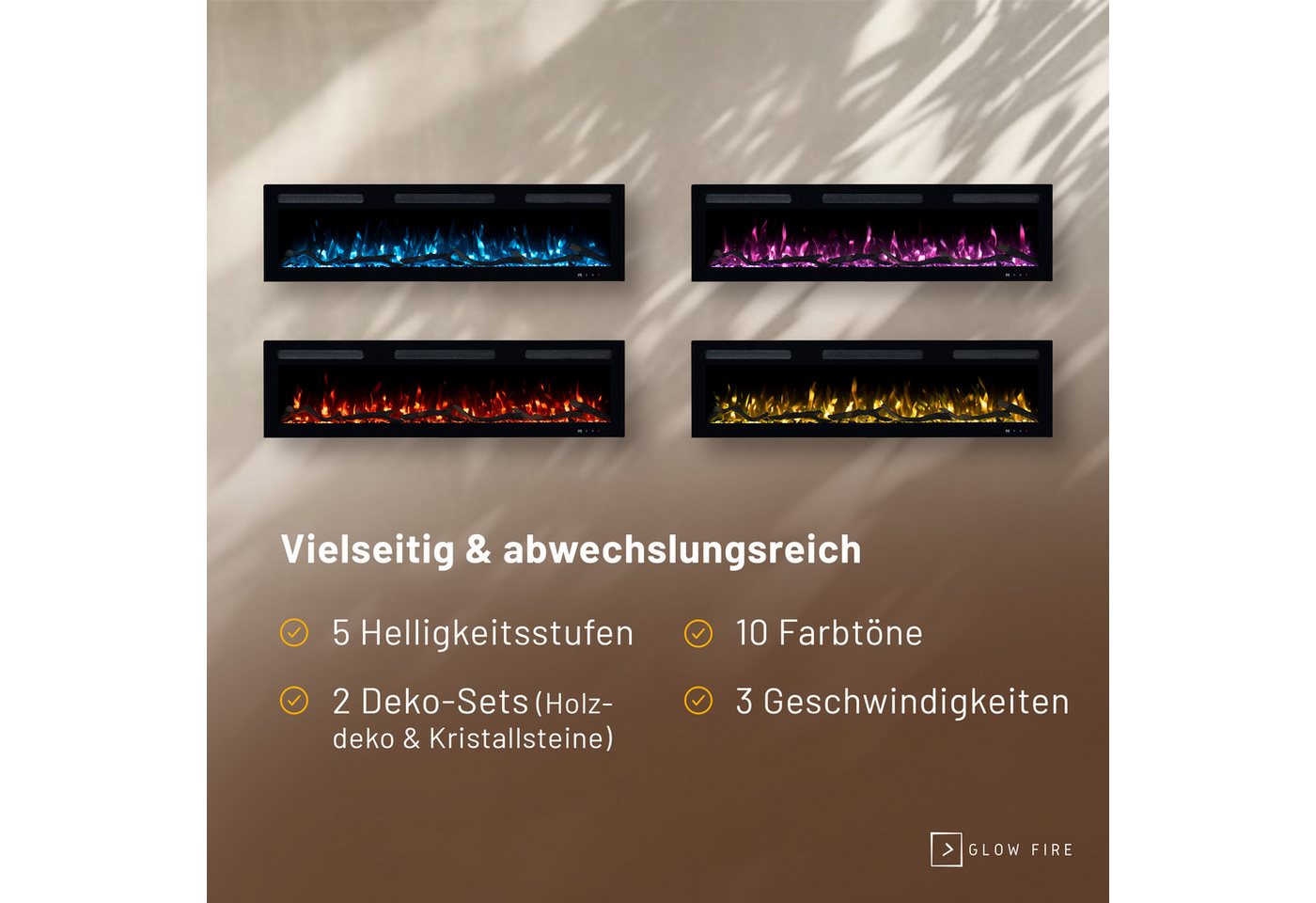 GF Core Elektrokamin Inside Wandkamin mit 3D Feuer und Heizung (Thermostat, 900- 1800 W), Elektrischer Stand-, Wand- oder Einbaukamin mit APP Steuerung, LED Bild 5