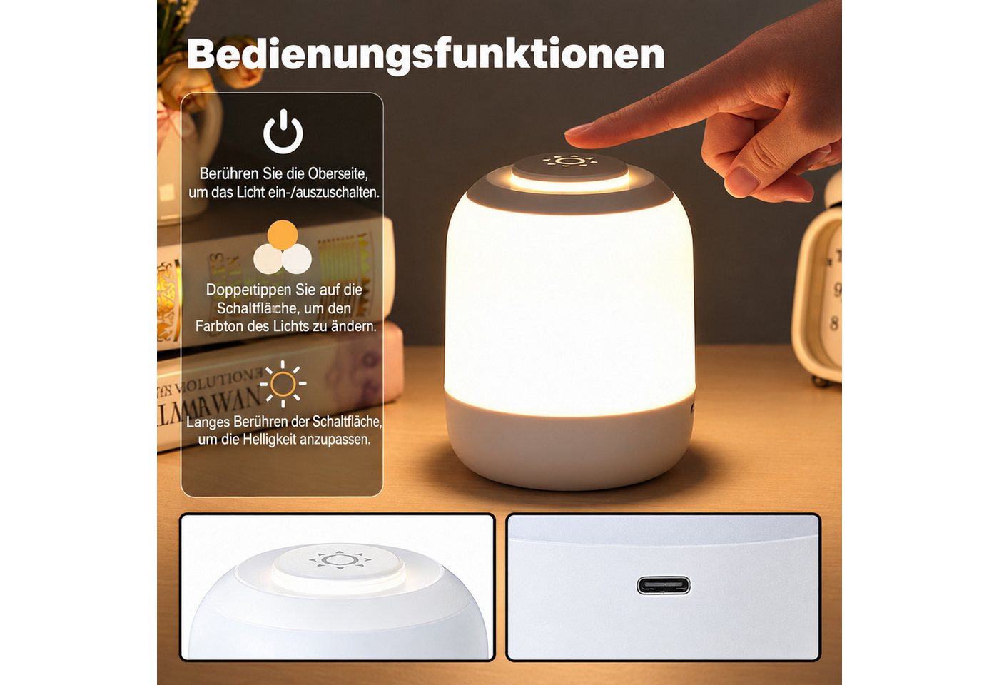 BOOD Nachttischlampe LED Nachttischlampe LED Nachtlicht, Dimmbar Atmosphäre Tischlampe, LED fest integriert, Weißes Licht, Neutrales Licht, Warmes Licht, USB-Aufladung,mit TouchSensor,ragbare Nachtlicht für Kinder/Erwachsene Bild 3