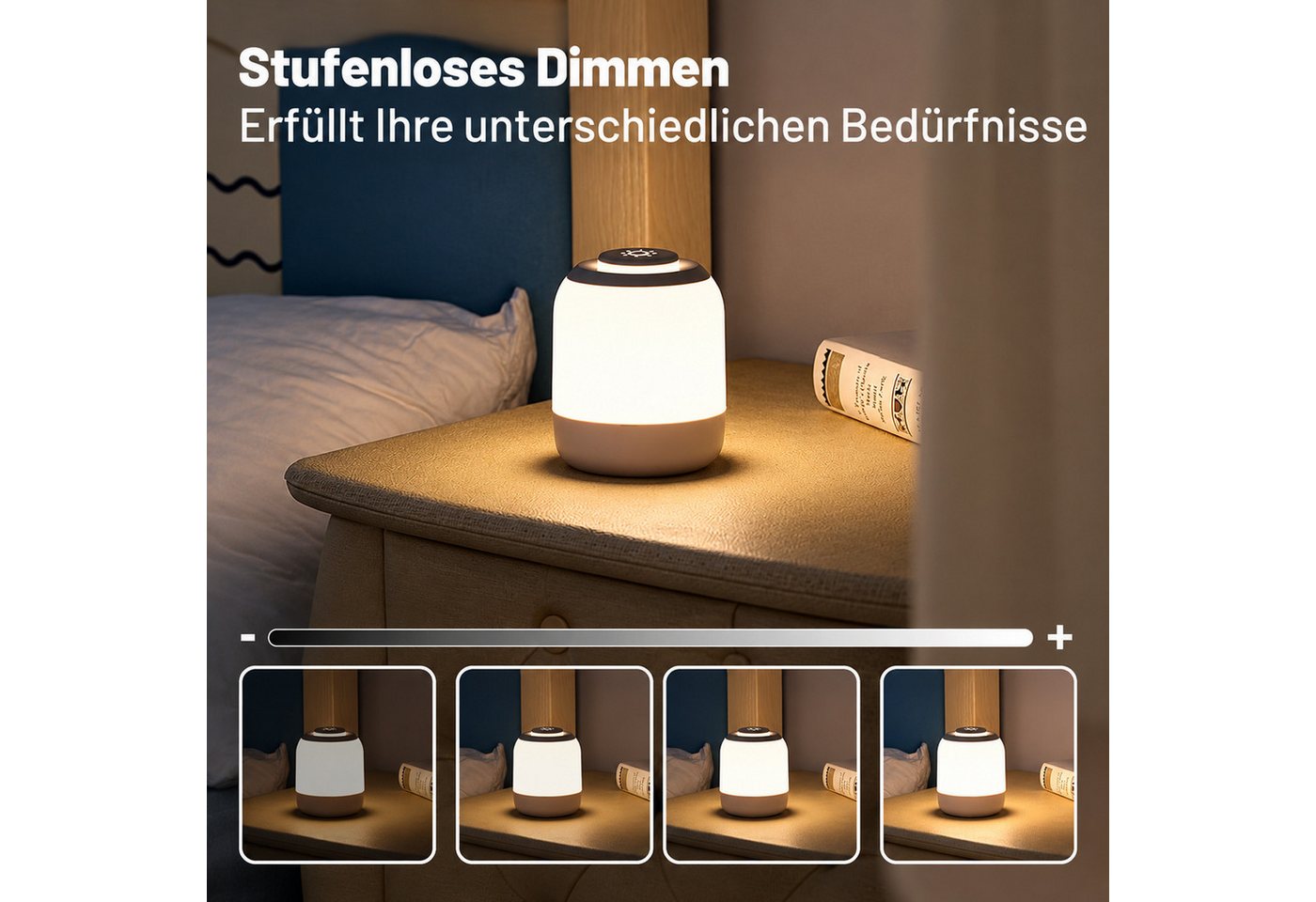 BOOD Nachttischlampe LED Nachttischlampe LED Nachtlicht, Dimmbar Atmosphäre Tischlampe, LED fest integriert, Weißes Licht, Neutrales Licht, Warmes Licht, USB-Aufladung,mit TouchSensor,ragbare Nachtlicht für Kinder/Erwachsene Bild 4