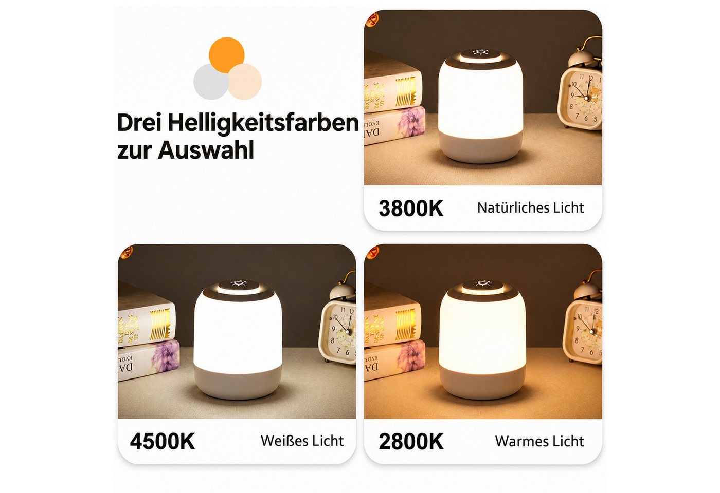 BOOD Nachttischlampe LED Nachttischlampe LED Nachtlicht, Dimmbar Atmosphäre Tischlampe, LED fest integriert, Weißes Licht, Neutrales Licht, Warmes Licht, USB-Aufladung,mit TouchSensor,ragbare Nachtlicht für Kinder/Erwachsene Bild 5