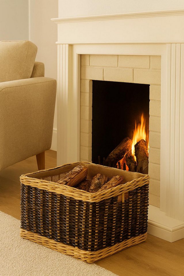 Kobolo Kaminholzkorb Holzkorb aus Rattan zweifarbig mit Jutestoff Bild 3