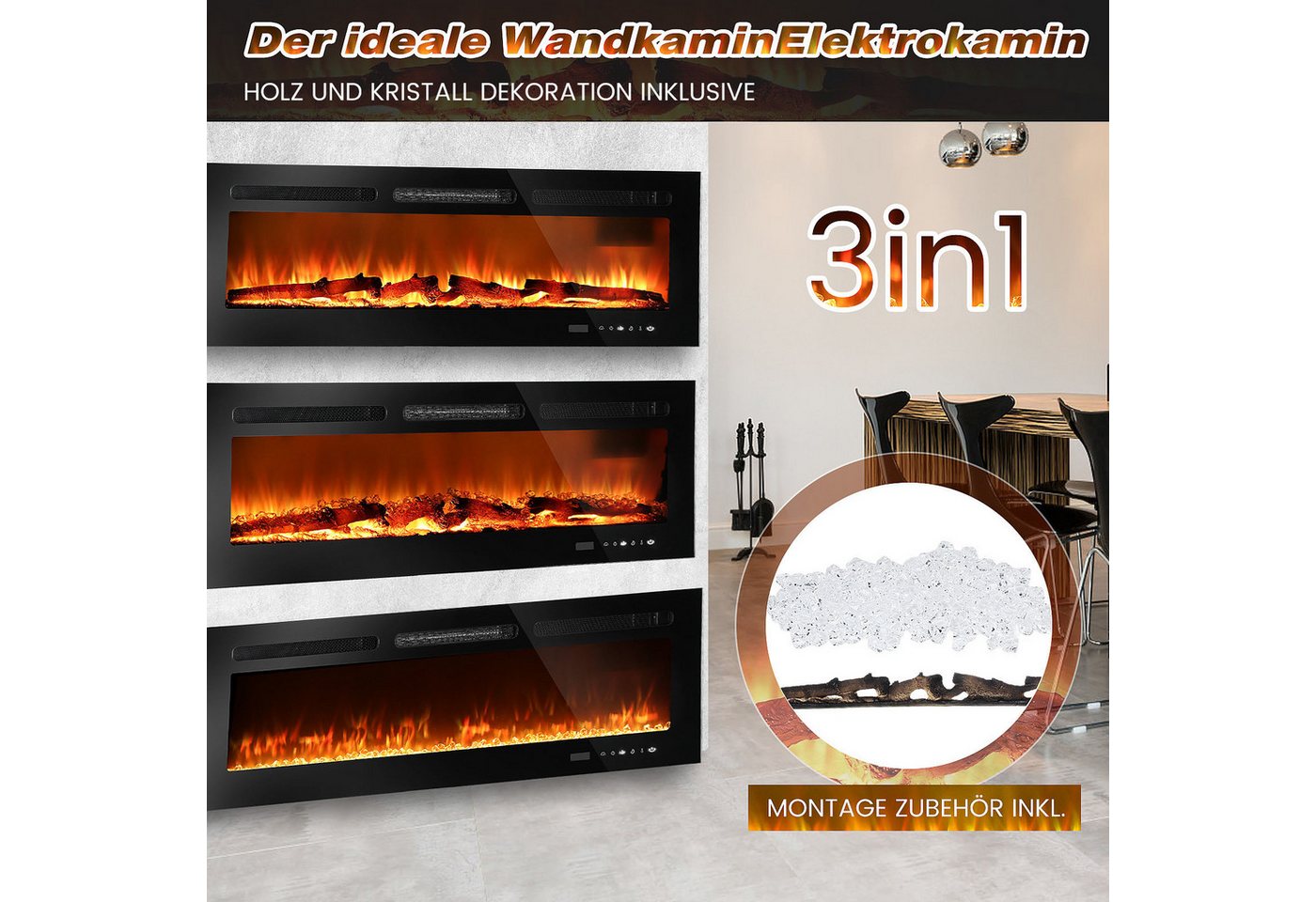 oyajia Elektrokamin 3in1 Elektrokamin: Elektrischer Stand-, Wand- und Einbaukamin, Panoramaview, mit 3D-Flammeneffekt, Fernbedienung, Timer & Thermostat