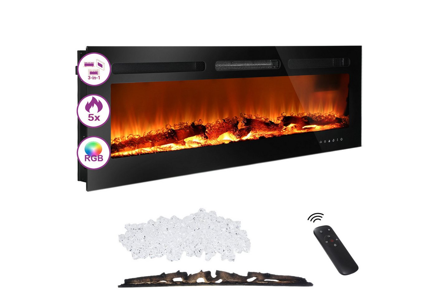 oyajia Elektrokamin 3in1 Elektrokamin: Elektrischer Stand-, Wand- und Einbaukamin, Panoramaview, mit 3D-Flammeneffekt, Fernbedienung, Timer & Thermostat Bild 2