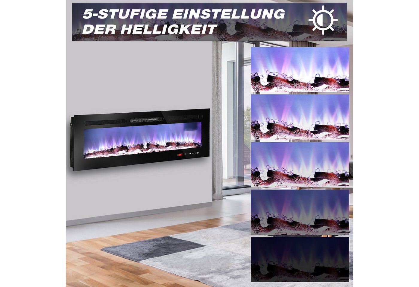 oyajia Elektrokamin 3in1 Elektrokamin: Elektrischer Stand-, Wand- und Einbaukamin, Panoramaview, mit 3D-Flammeneffekt, Fernbedienung, Timer & Thermostat Bild 3
