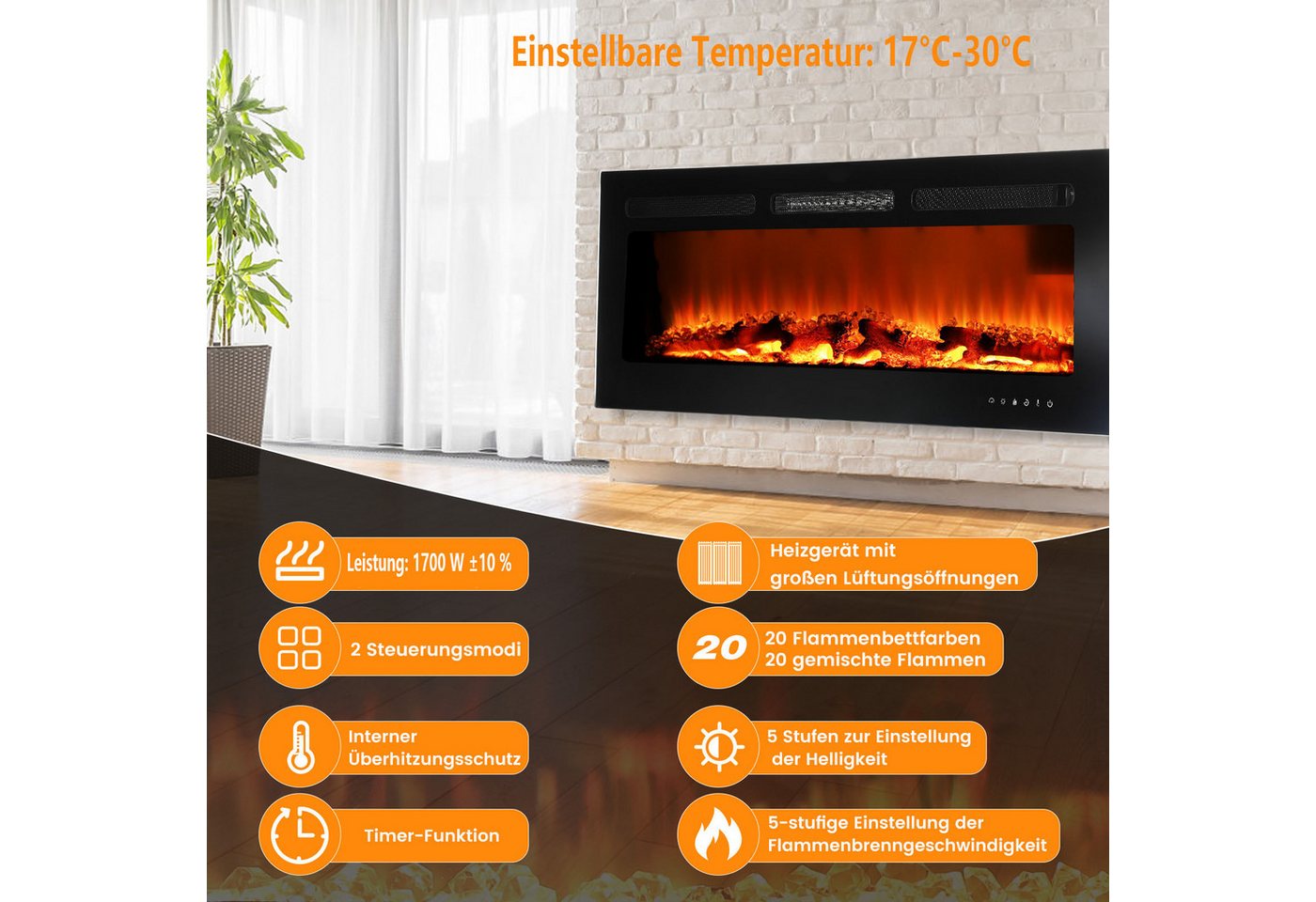 oyajia Elektrokamin 3in1 Elektrokamin: Elektrischer Stand-, Wand- und Einbaukamin, Panoramaview, mit 3D-Flammeneffekt, Fernbedienung, Timer & Thermostat Bild 5